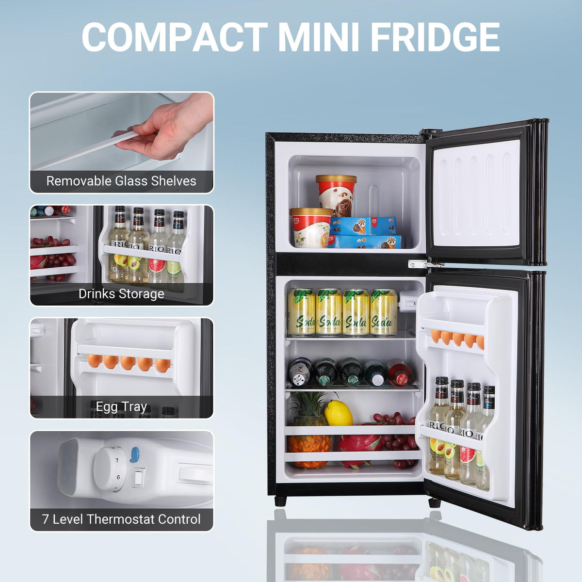 3.3 Cu. Ft. Mini Fridge with Freezer, Compact Refrigerator with Adjustable 7-Level Thermostat, Dorm Fridge for Kichen, RV, Office, Apartment, Black
