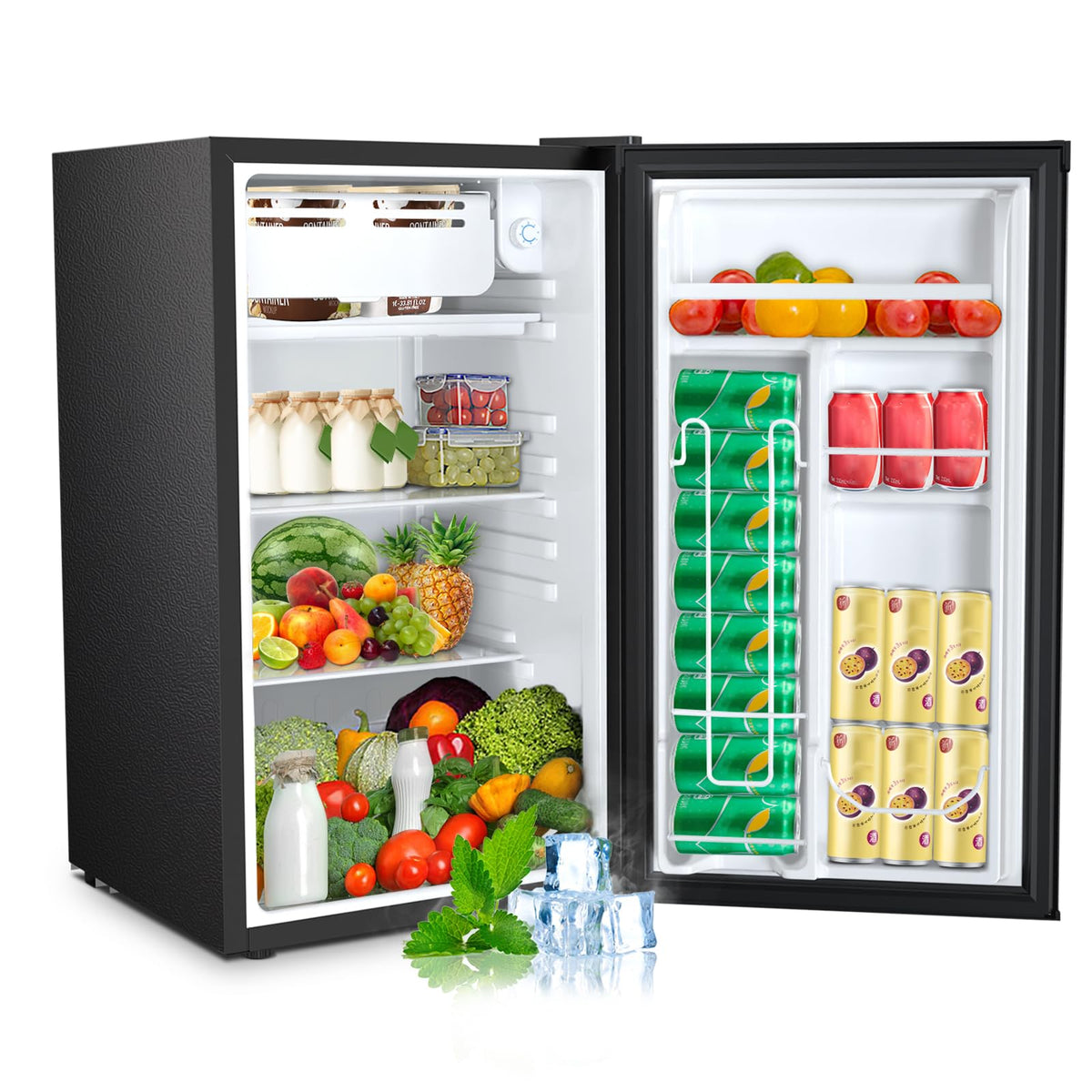 3.2 Cu.ft Mini Fridge with Freezer, Compact Refrigerator with Reversible Single Door, Adjustable Thermostat, Low Noise, Energy Efficient for Office