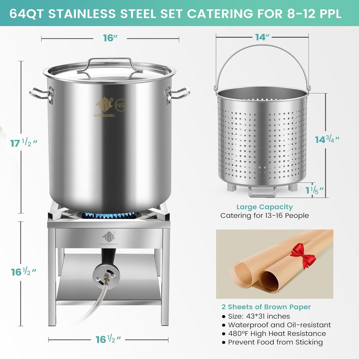 64QT Seafood Boil Pot w/200,000BTU Propane Burner Set, Stainless Steel Basket for Outdoor Deep Fryer, Large Cooking Pot for Turkey Fryer, Crawfish