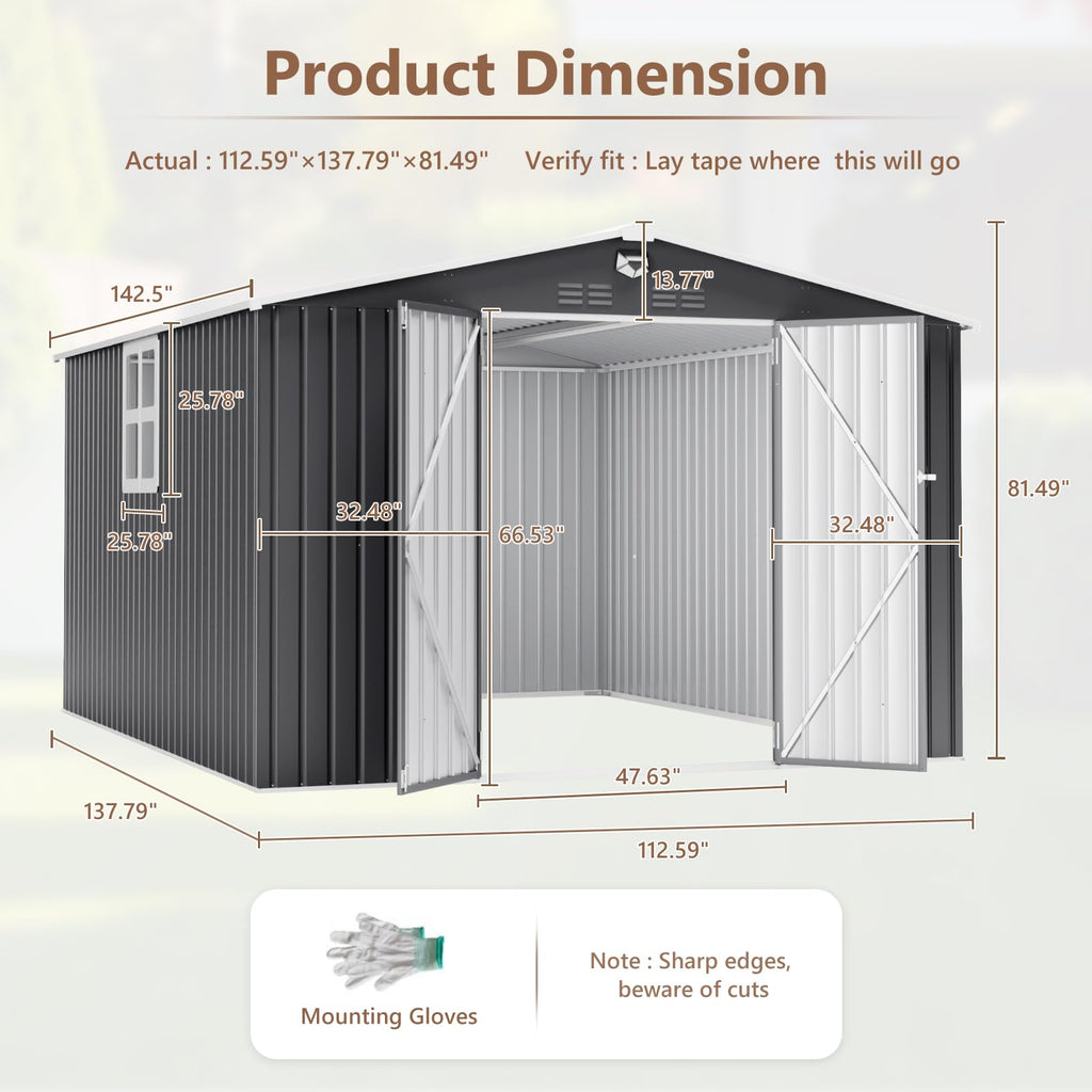 10x12 FT Outdoor Storage Shed, Metal Garden Shed - Tool Storage Sheds with Lockable Doors & 1 Clear Window, Waterproof Outside Storage Building for