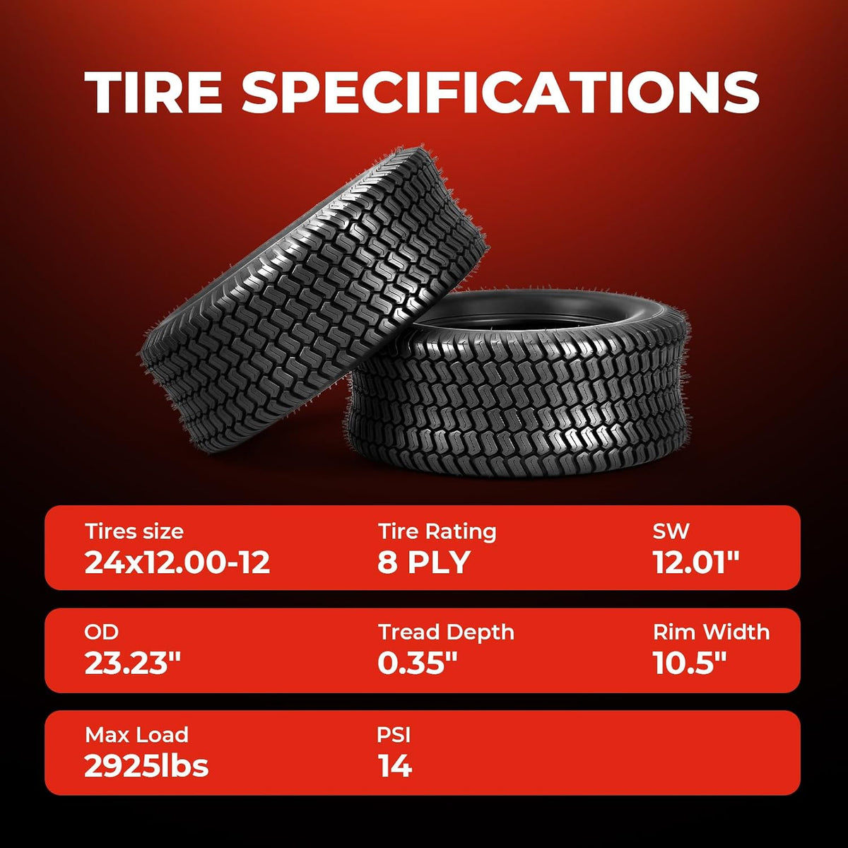 24x12.00-12 Lawn Mower Turf Tires, 8 Ply Tubeless, Set of 2