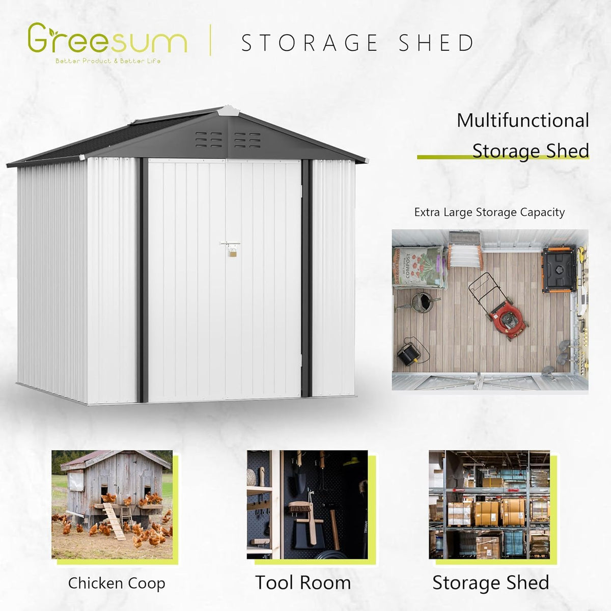 Greesum Outdoor Storage Shed 6 x 8 ft. Utility Tool Shed Metal Storage Garden Shed with Door & Lock for Patio Storage, Brown