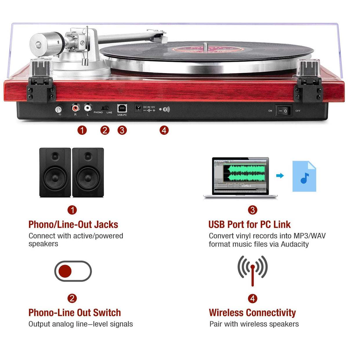 1 by ONE Belt Drive Turntable with Bluetooth Connectivity, Built-in Phono Pre-amp, USB Digital Output Vinyl Stereo Record Player with Magnetic
