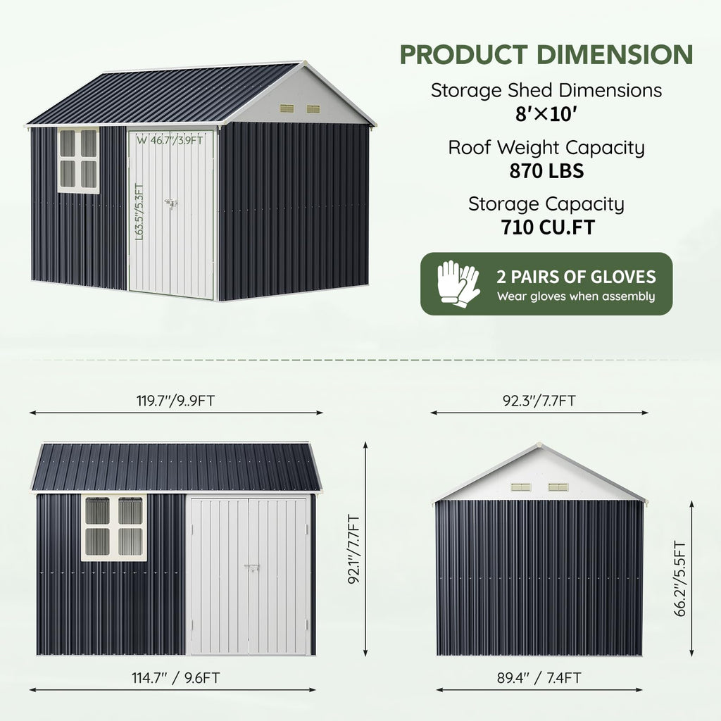 10x10 FT Outdoor Metal Storage Shed, Double Swing Doors, 2 Clear Windows,Tool Shed for Garden, Patio, Backyard Nightblue