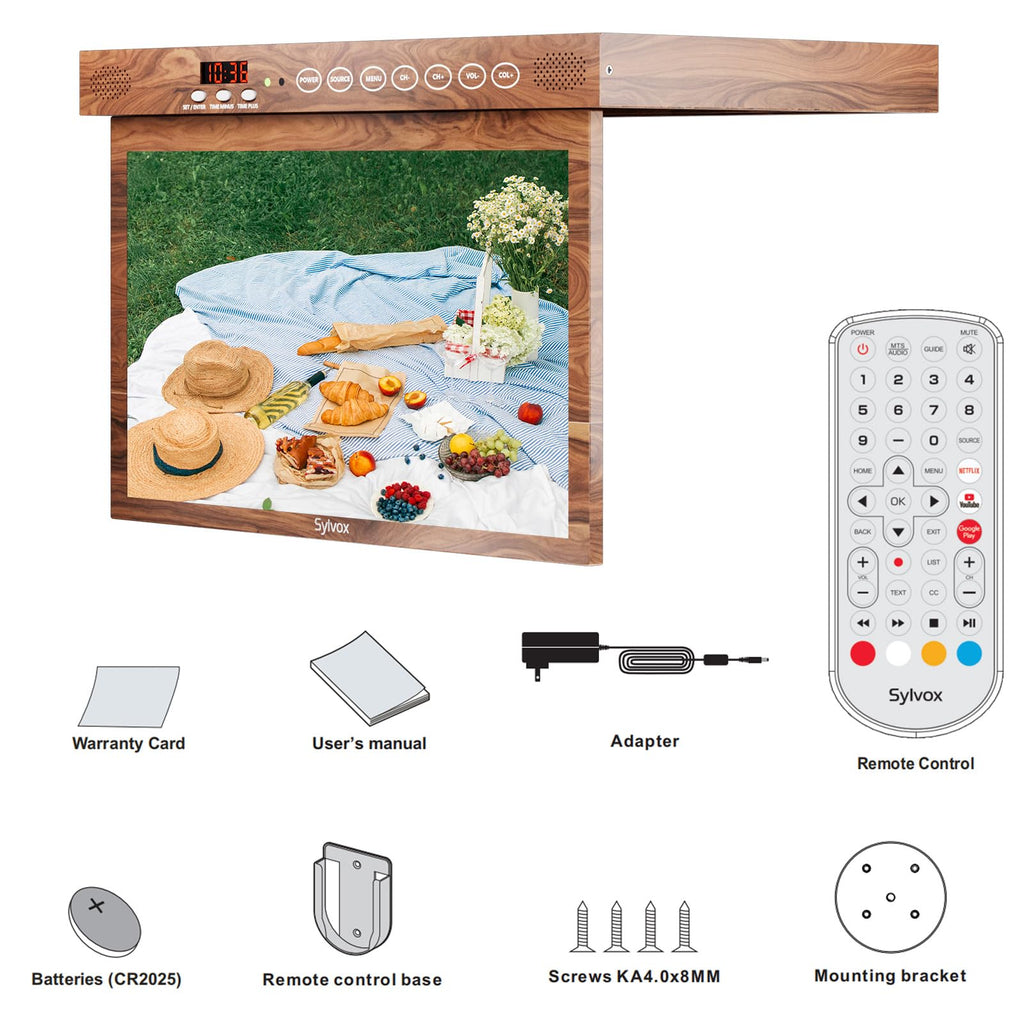 SYLVOX 15.6" Kitchen TV, 1080P FHD Under Cabinet TV with App Store, Voice Assistant, Chromecast, 12-Volt for Small Spaces, Kitchen, Bedroom, RV