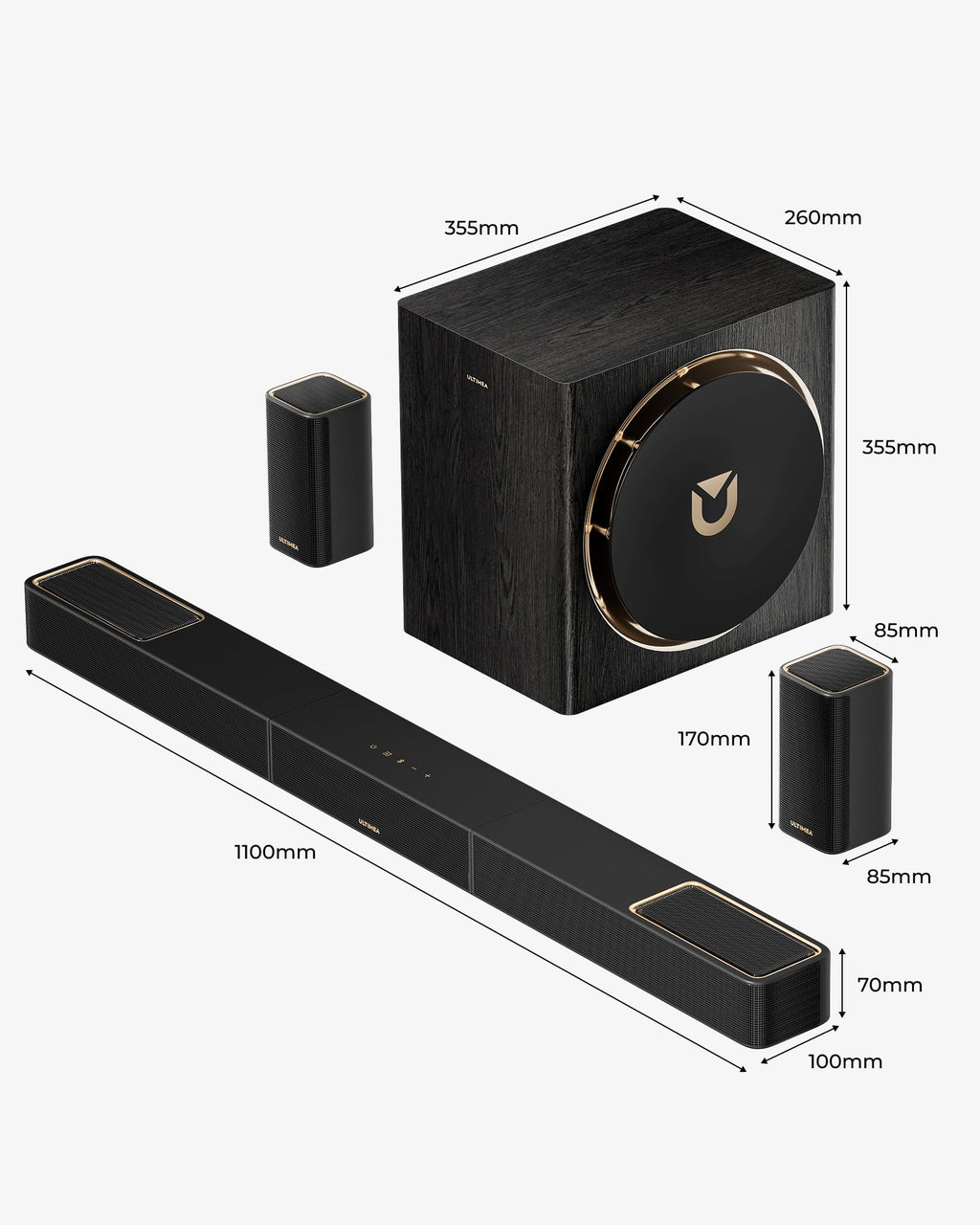 ULTIMEA Skywave X50 5.1.4ch Wireless Surround Sound System for TV, 760W Professional Sound Bar w/Dolby Atmos, 2 Wireless Surround Speakers & 8"