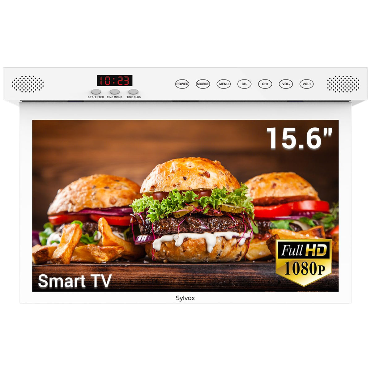 SYLVOX 15.6" Kitchen TV, 1080P FHD Under Cabinet TV with App Store, Voice Assistant, Chromecast, 12-Volt for Small Spaces, Kitchen, Bedroom, RV