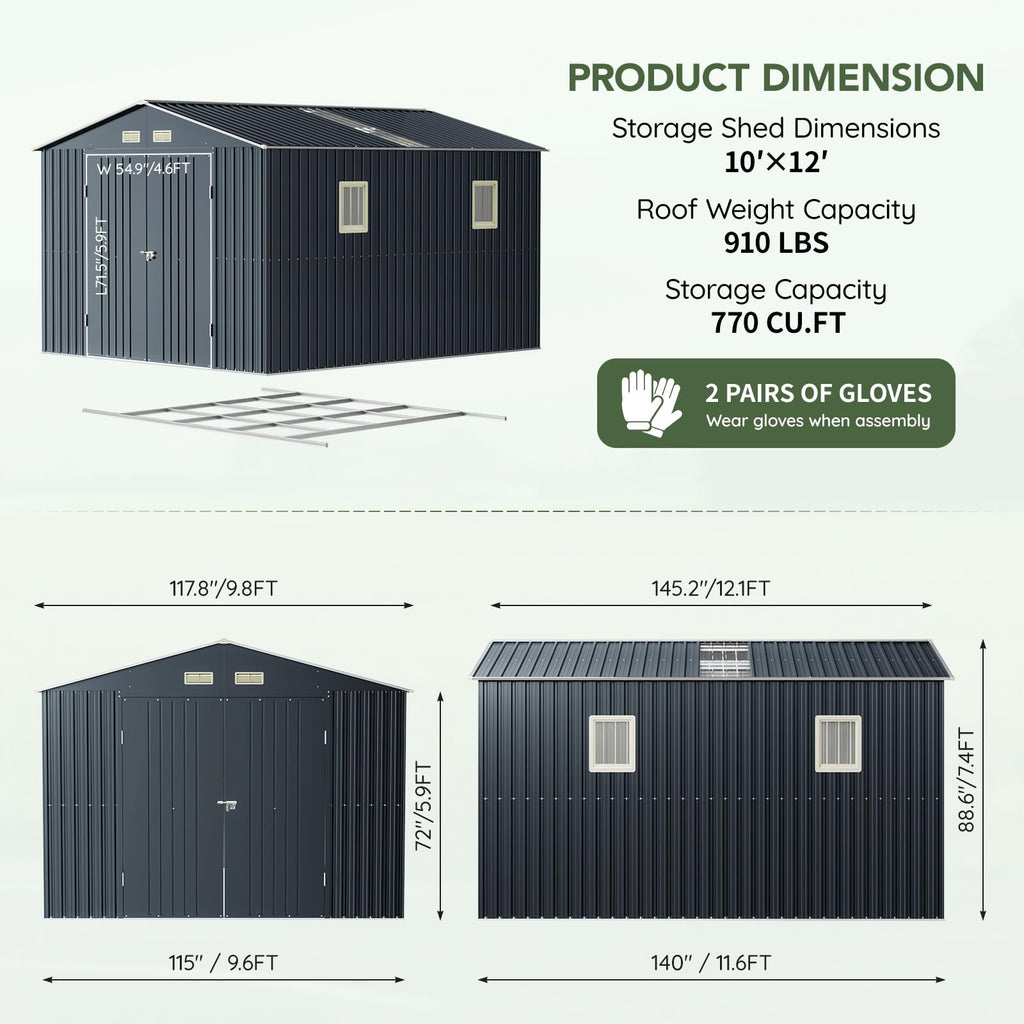 10x10 FT Outdoor Metal Storage Shed, Double Swing Doors, 2 Clear Windows,Tool Shed for Garden, Patio, Backyard Nightblue