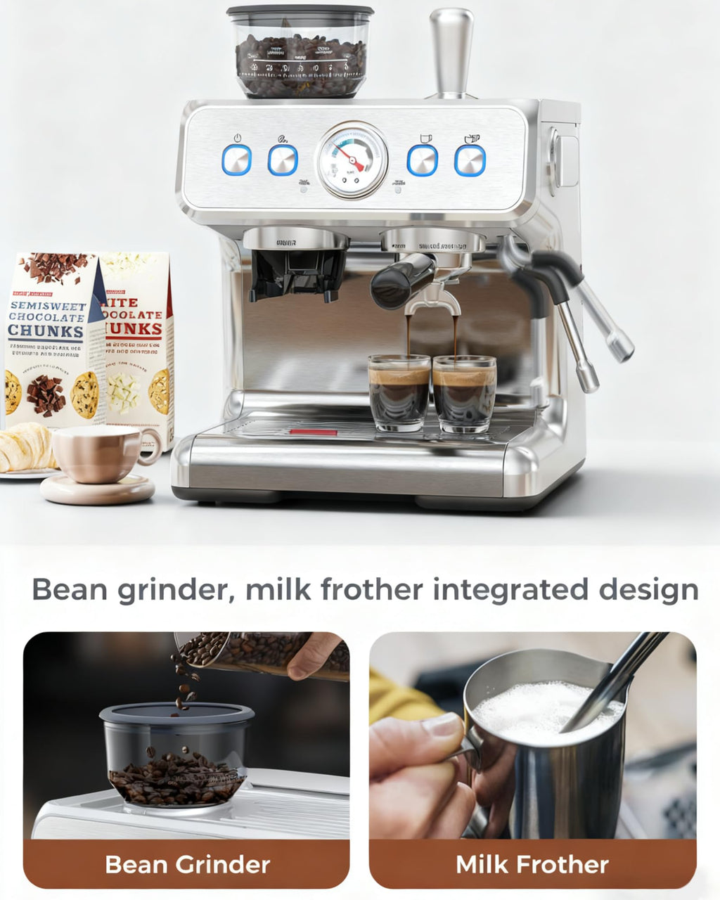 (2025 Upgrade)20 Bar Espresso Machine with Grinder & Milk Frother Steam Wand, Tamping Tools, Expresso Coffee Machines 58mm Commercial Espresso Maker