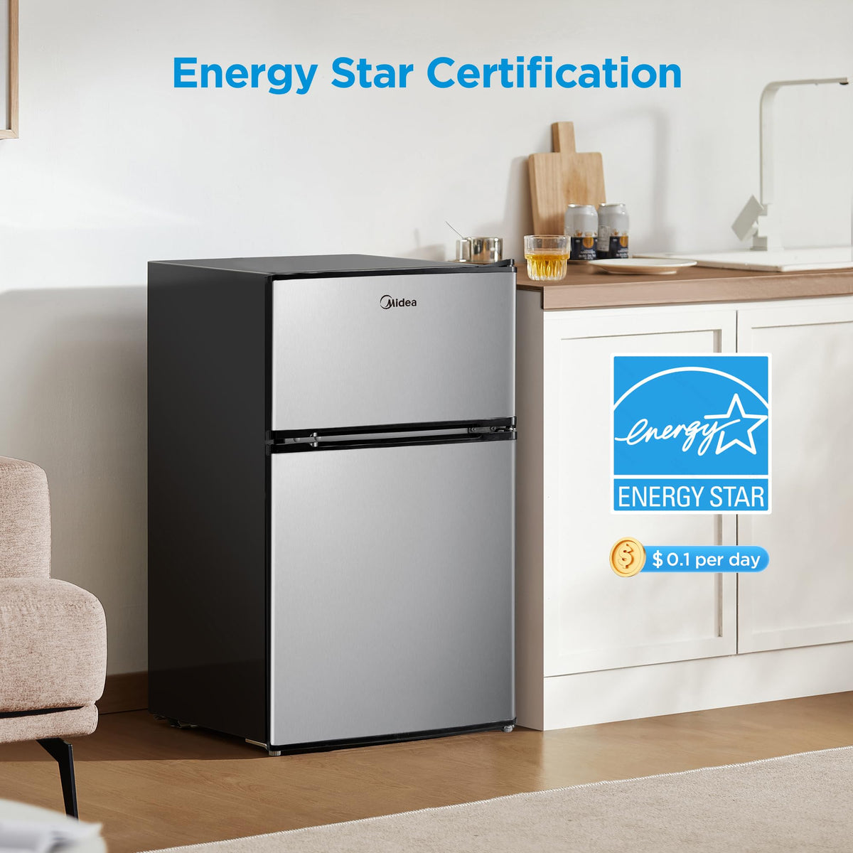 Midea WHD-113FB1 Double Door Mini Fridge with Freezer for Bedroom Office or Dorm with Adjustable Remove Glass Shelves Compact Refrigerator, 3.1 cu ft