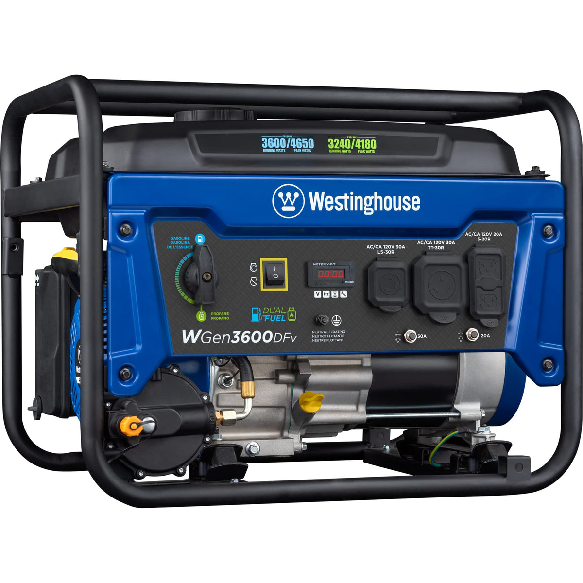Westinghouse 4650 Peak Watt Dual Fuel Portable Generator, Remote Electric Start with Auto Choke, RV Ready 30A Outlet, Gas & Propane Powered