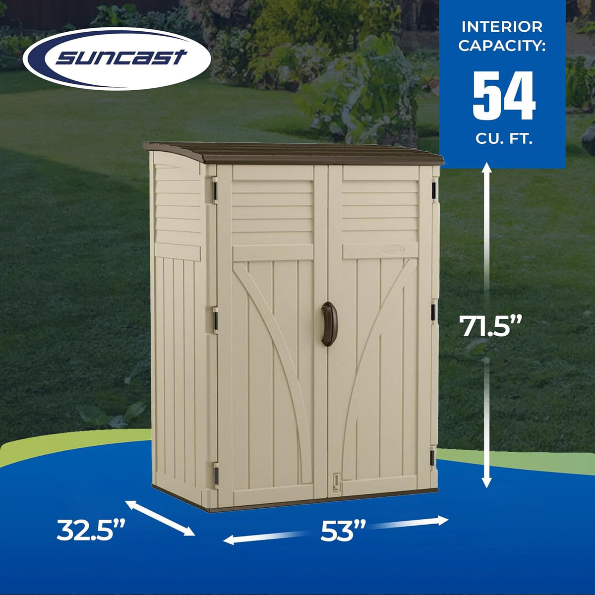Suncast Outdoor Storage Cabinet Waterproof Resin Vertical Outdoor Storage Shed (54 cu. ft.) for Patio, Garden Tools, Cushions, & Equipment.