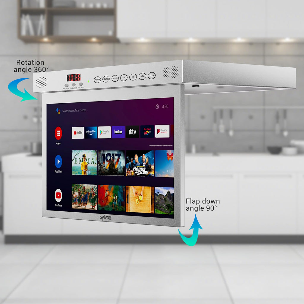 SYLVOX 15.6" Under Cabinet Smart TV C 360 Rotation, 90 Flip-Down Screen, Wireless Connectivity, Space-Saving Design for Kitchen, Bedroom, or RV.