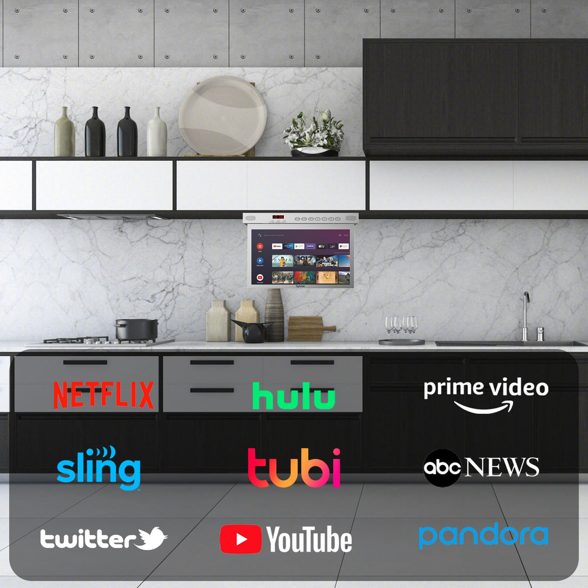 SYLVOX 15.6" Under Cabinet Smart TV C 360 Rotation, 90 Flip-Down Screen, Wireless Connectivity, Space-Saving Design for Kitchen, Bedroom, or RV.