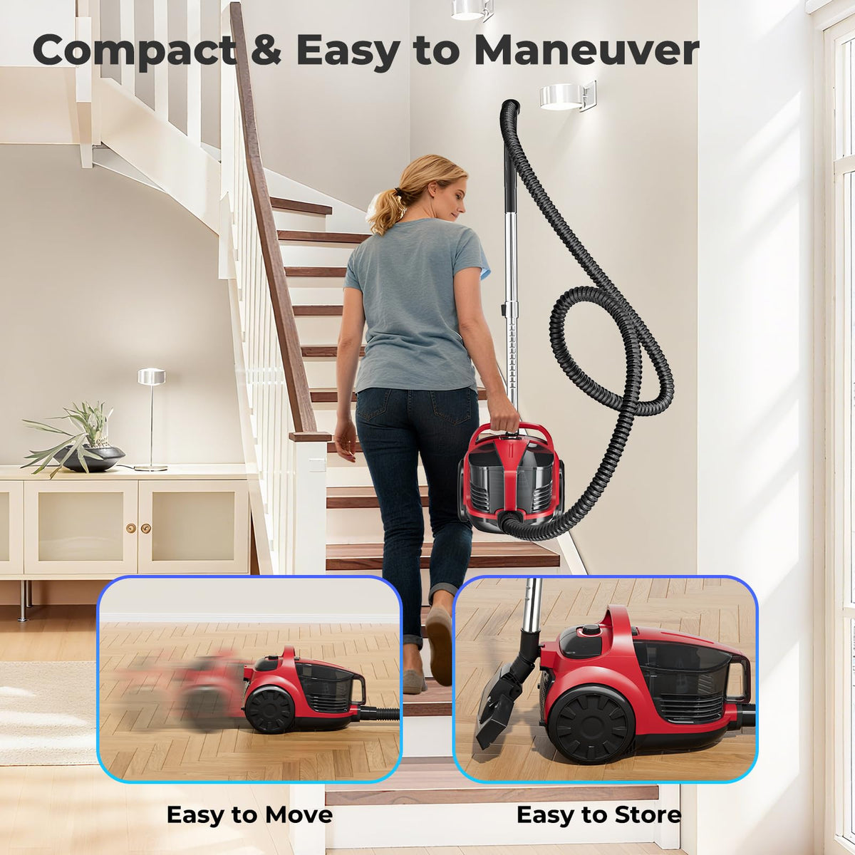 1600W Canister Vacuum Cleaner, Bagless Vacuum Cleaner with 45kPa Strong Suction, 4L Large Dust Cup, Variable Speed Control, 5 Tools, Lightweight