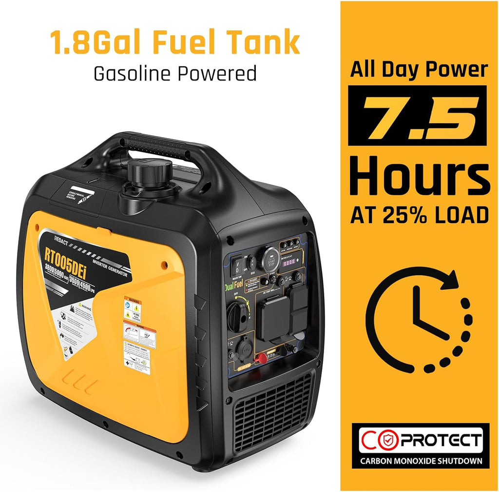 5000 Watts Portable Dual Fuel Inverter GeneratorC Small Gasoline LPG Powered for Home Backup, Camping, RV, Tailgating with CO Protection, Eco Mode