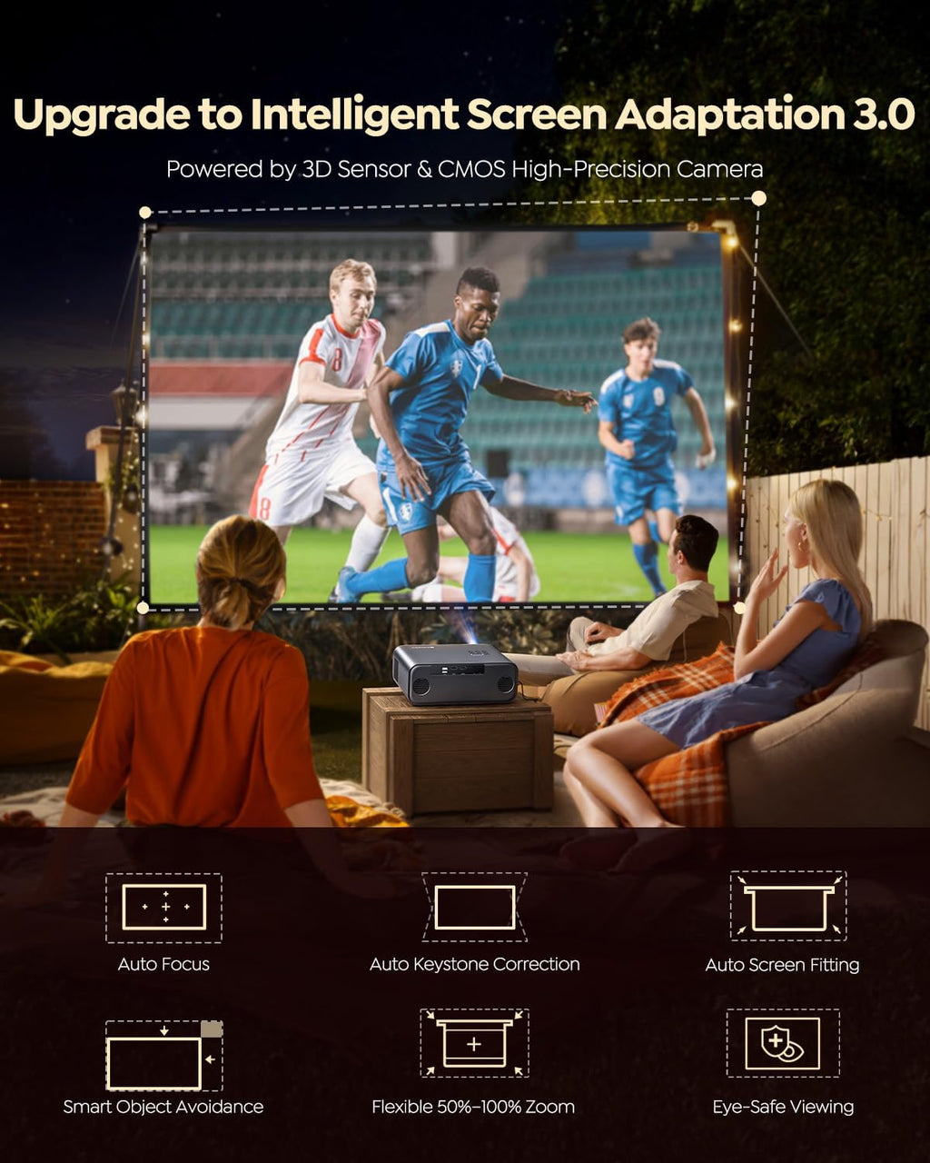 [Built-in Official Apps/4K Support] Smart Outdoor Projector with WiFi and Bluetooth, 800ANSI Movie Projector, DoIby Audio with Dual Speaker, Auto