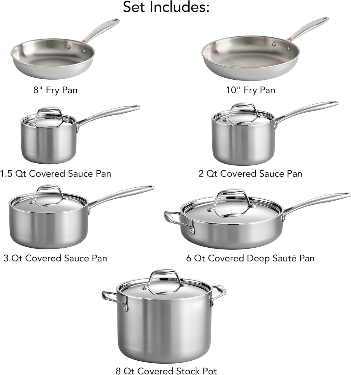 Tramontina Signature Tri-Ply Clad Stainless Steel 12-Piece Cookware Set with Lids, Pots and Pans Kitchen Set, Induction-Ready, Dishwasher-Safe, NSF