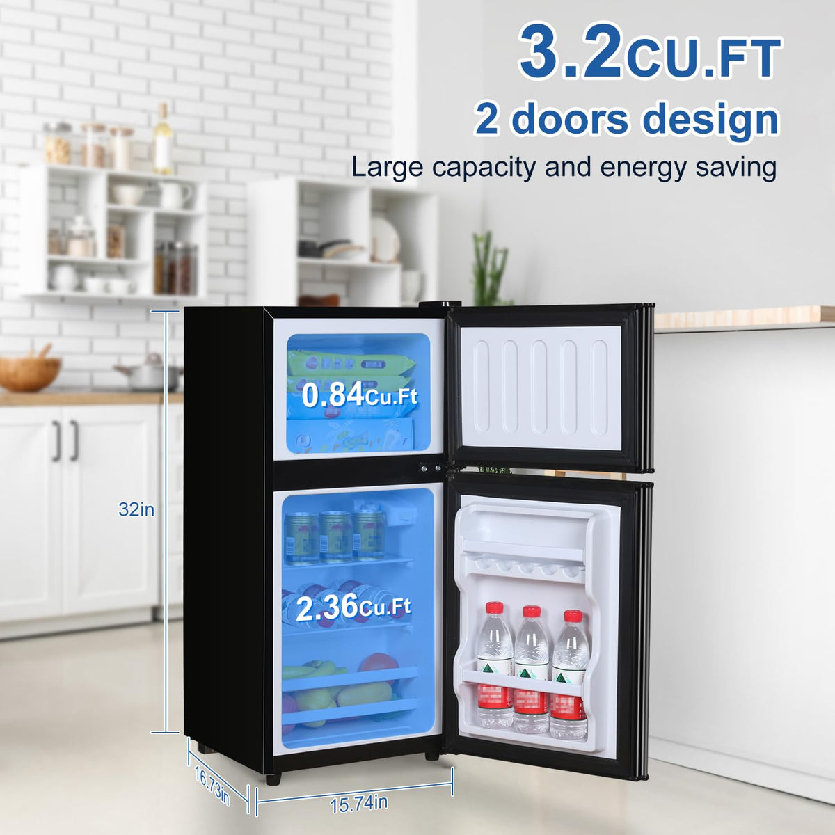 2.9 Cu.Ft Compact Double Door Mini Fridge - Top Freezer & Bottom Refrigerator | Energy Save,7-Level Precision Cooling | Ideal for Dorm, Bedroom