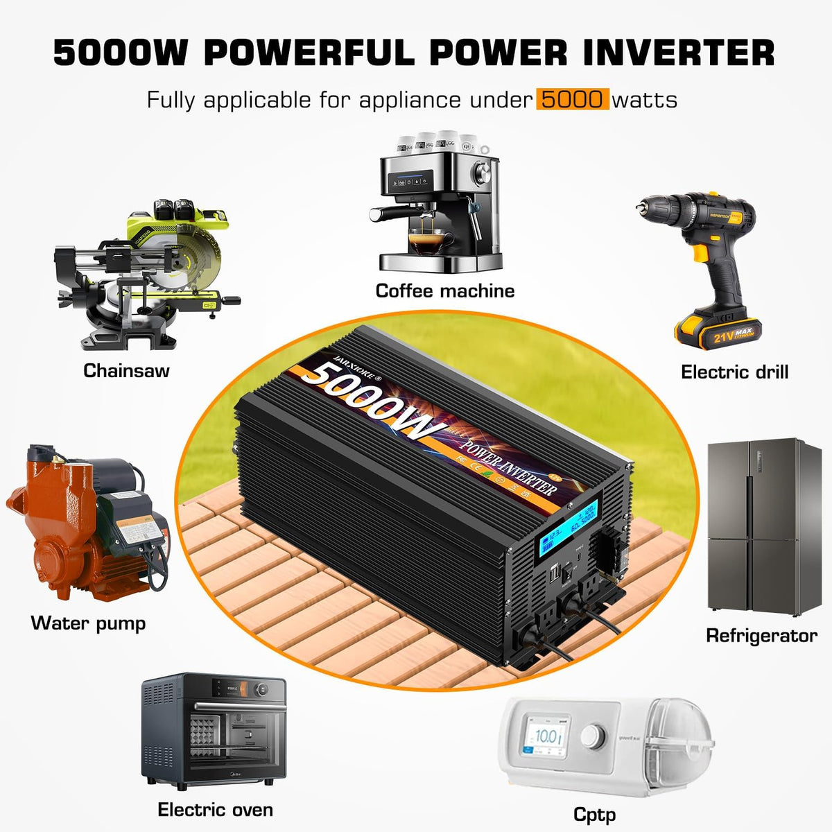 5000 Watt Power Inverter 12V DC to 110V 120V Converter for Family RV Off Grid Solar System Car with Type-C Ports 3 AC Power Outlets Dual USB Ports