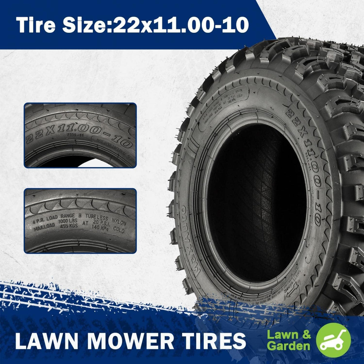 MaxAuto 2pcs 22x11.00-10 Hilly Lawn Tires, 22x11x10 Golf Cart Tires, 4Ply