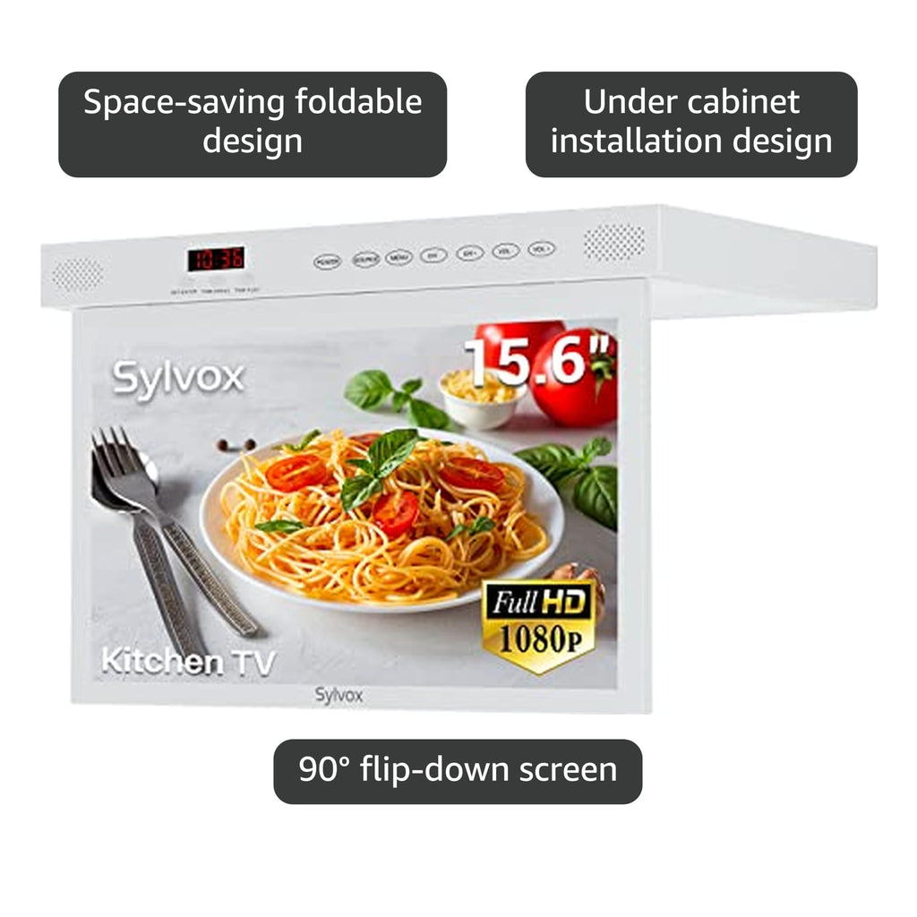 SYLVOX 15.6" Under Cabinet Smart TV C 360 Rotation, 90 Flip-Down Screen, Wireless Connectivity, Space-Saving Design for Kitchen, Bedroom, or RV.