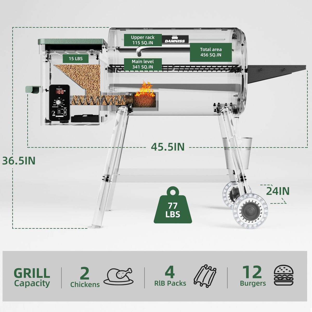 Pellet Smoker Grill Combo, 456 SQ.IN Cooking Area with PID Temperature Control (180-450F) Electric BBQ Meat Grills & Smokers, Patio Backyard for