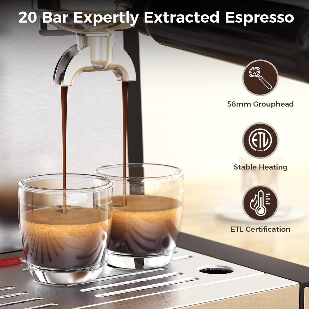 (2025 Upgrade)20 Bar Espresso Machine with Grinder & Milk Frother Steam Wand, Tamping Tools, Expresso Coffee Machines 58mm Commercial Espresso Maker