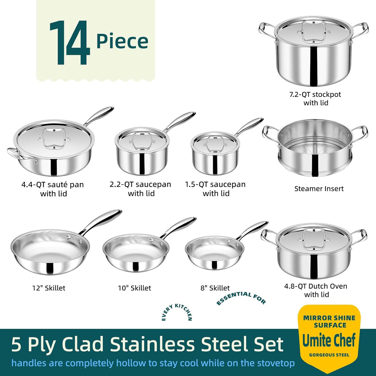 Umite Chef Stainless Steel Cookware Set, 5 Ply 14 Piece Stainless Steel Pot and Pan Set-Induction, Heavy Chef Quality, Oven Safe | Professional
