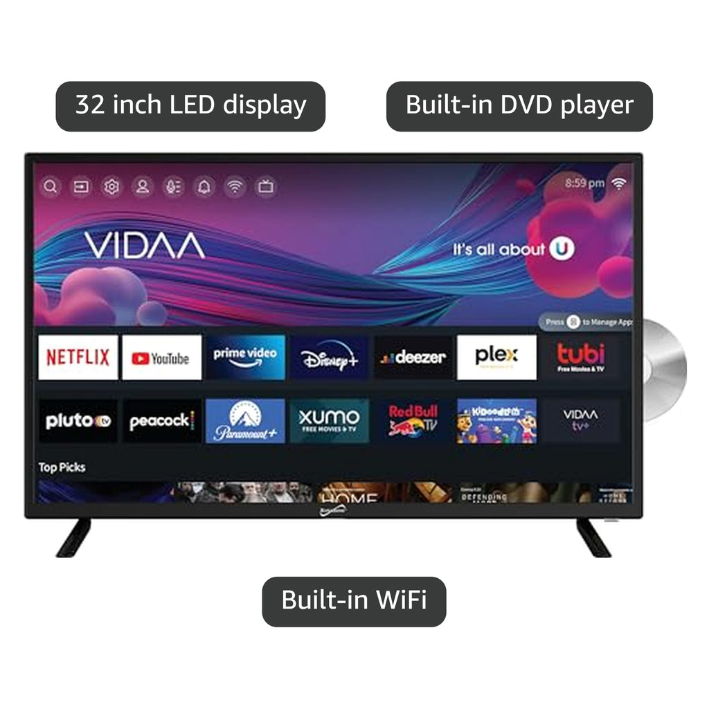 Supersonic SC-1926DVD 19-inch LED Smart HDTV w/DVD Player, 3X HDMI, 1080p, WiFi, USB, AC/DC Compatible for Home, Kitchen, or RV Camper, DC Car Cord