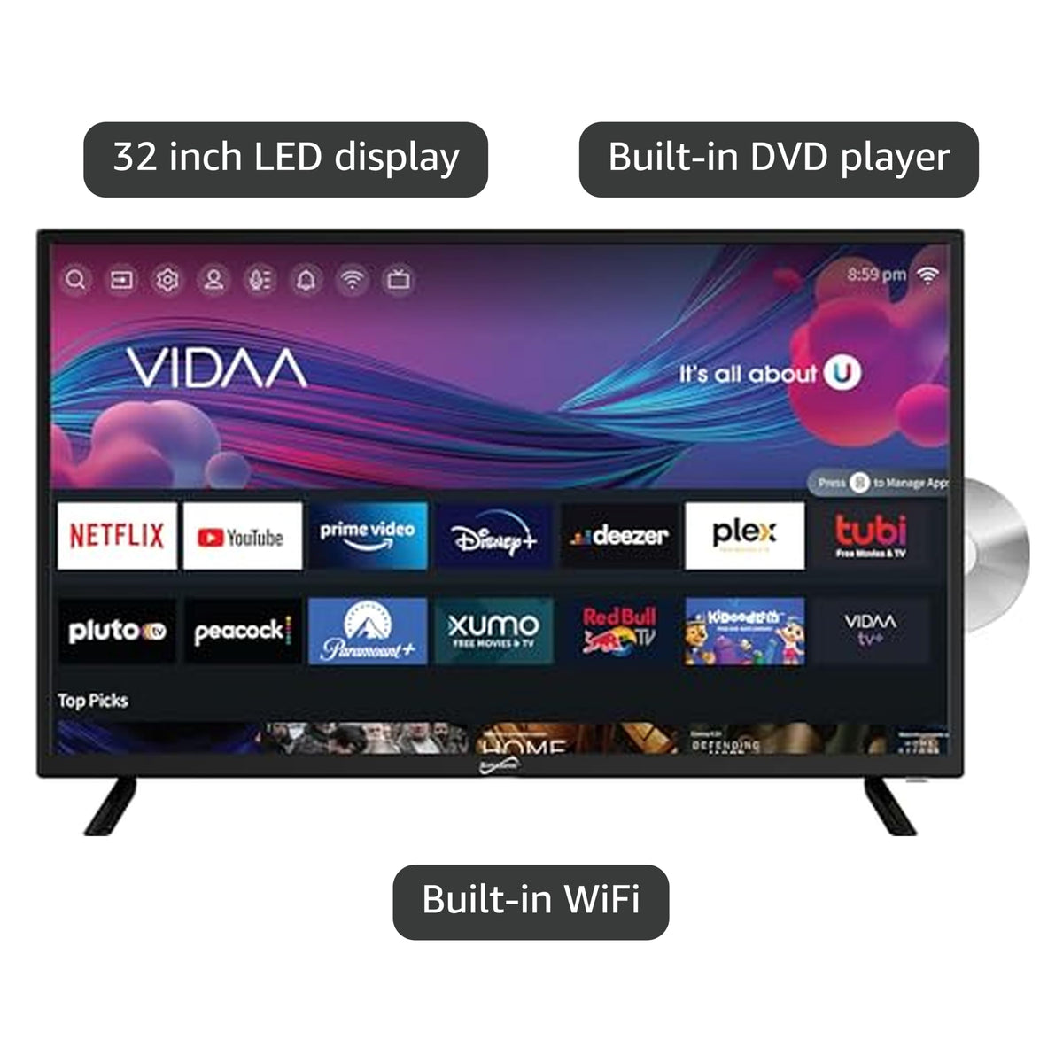 Supersonic SC-1926DVD 19-inch LED Smart HDTV w/DVD Player, 3X HDMI, 1080p, WiFi, USB, AC/DC Compatible for Home, Kitchen, or RV Camper, DC Car Cord