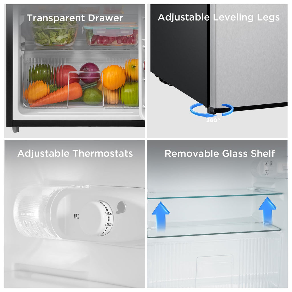 Midea WHD-113FB1 Double Door Mini Fridge with Freezer for Bedroom Office or Dorm with Adjustable Remove Glass Shelves Compact Refrigerator, 3.1 cu ft