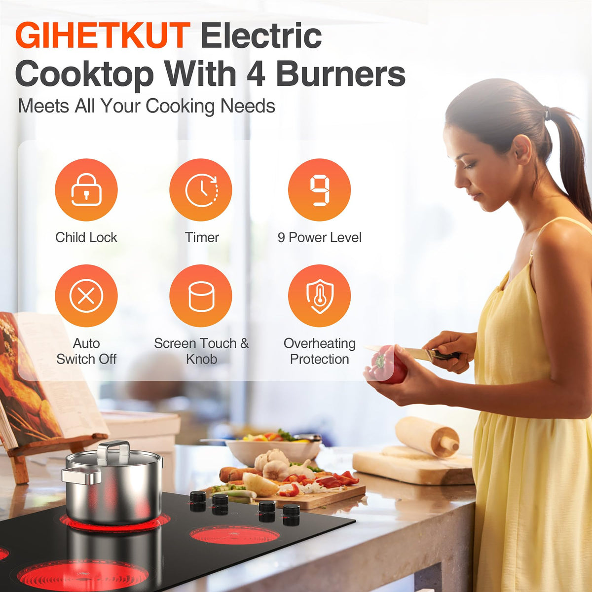4 Burner Electric Cooktop,7200W Built-in & Countertop 4 Burner Electric Stove Top with 9 Power Levels, Child Safety Lock & 99mins Timer, 30 inch