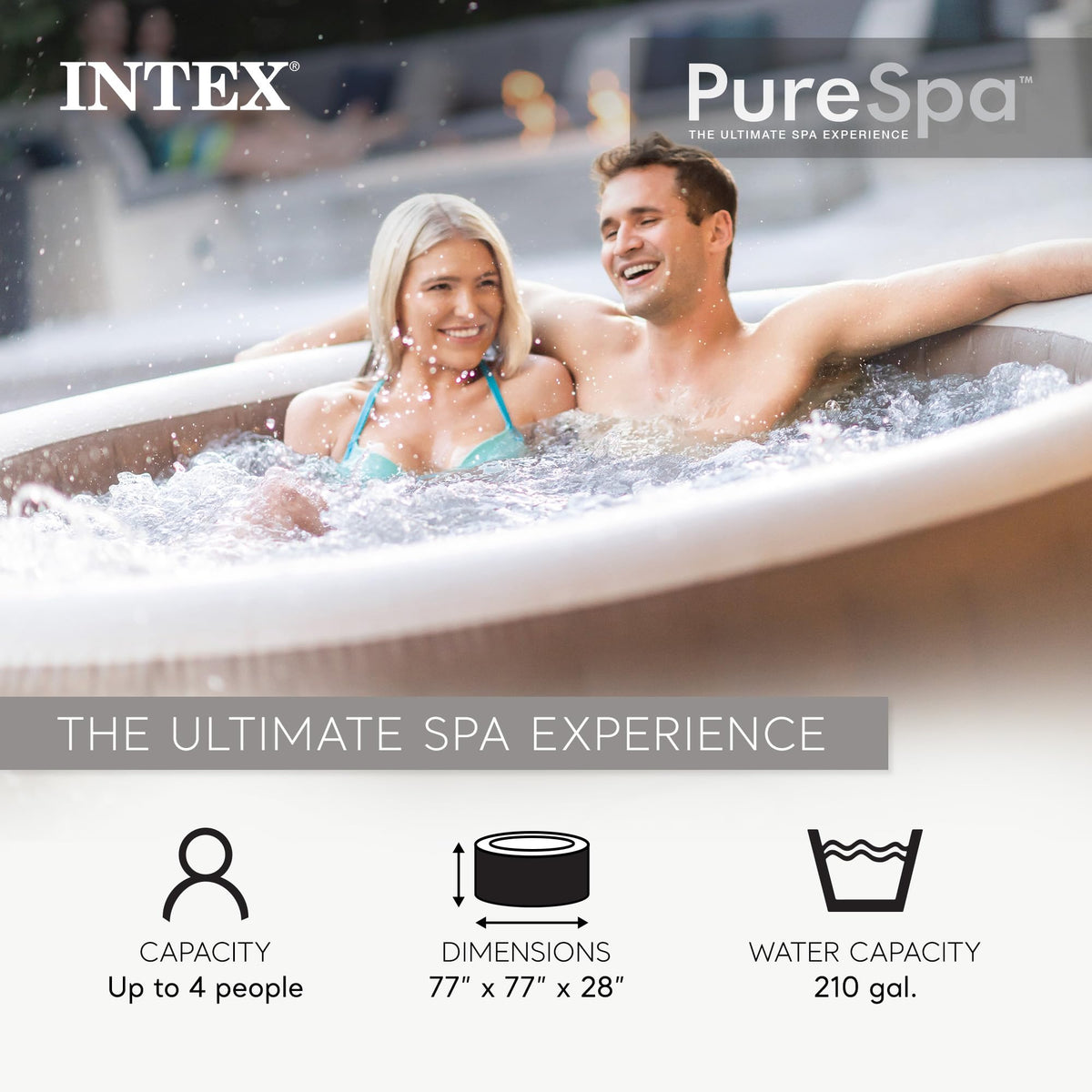 INTEX 28425EH PureSpa Bubble Massage Spa Set Outdoor Inflatable Portable Hot Tub, Includes Energy Efficient Spa Cover, Saltwater System Ready, 4