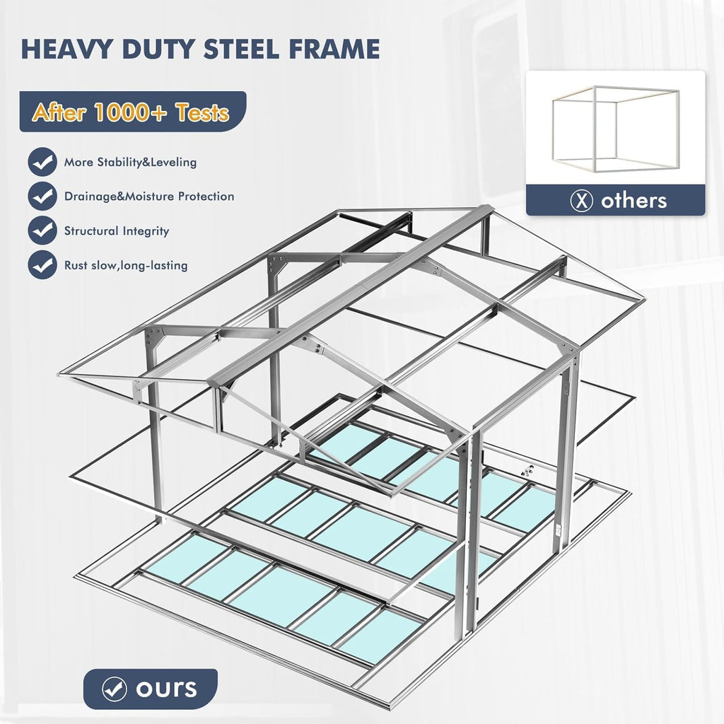 10x12 FT Metal Outdoor Storaged Shed with Floor Base Waterproof Heavy Duty Reinforced Frame with Unique Clear Roof Skyview Windows Air Vent for