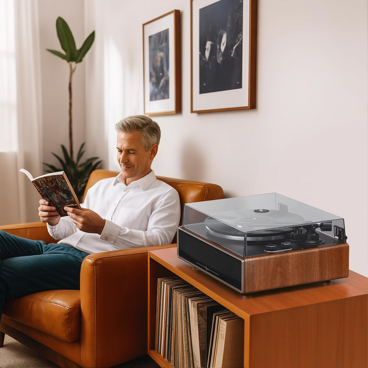 1 by ONE High Fidelity Belt Drive Turntable with Built-in Speakers, Vinyl Record Player with Magnetic Cartridge, Bluetooth Playback and Aux-in
