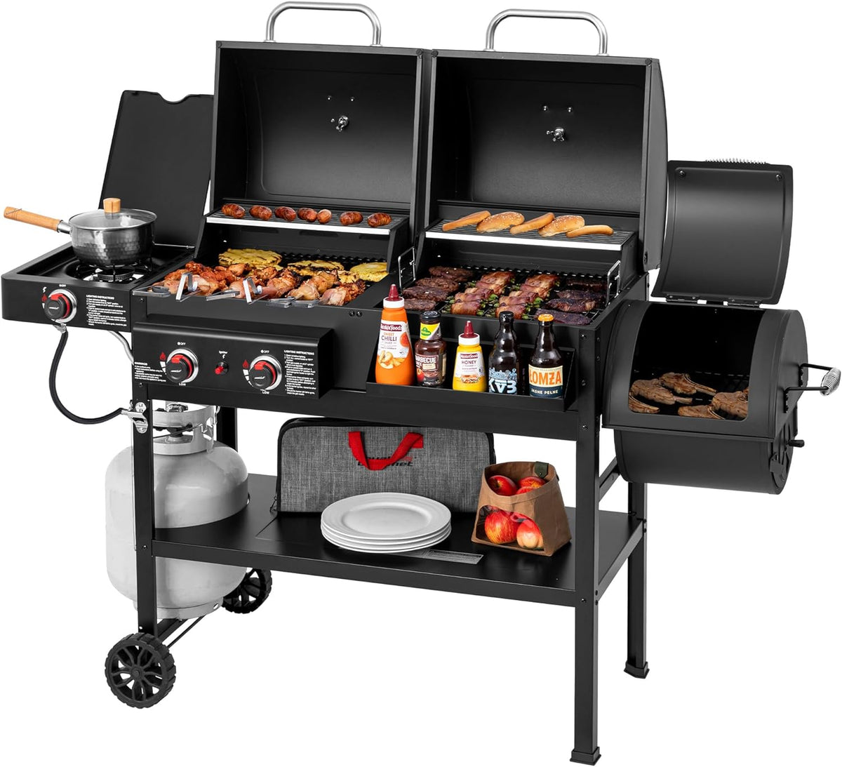 2-Burner Gas and Charcoal Combo Grill with Offset Smoker & Side Burner, 34,000 BTU Dual Fuel Grill, 1020 Sq. In. Cooking Area, Ideal for Outdoor