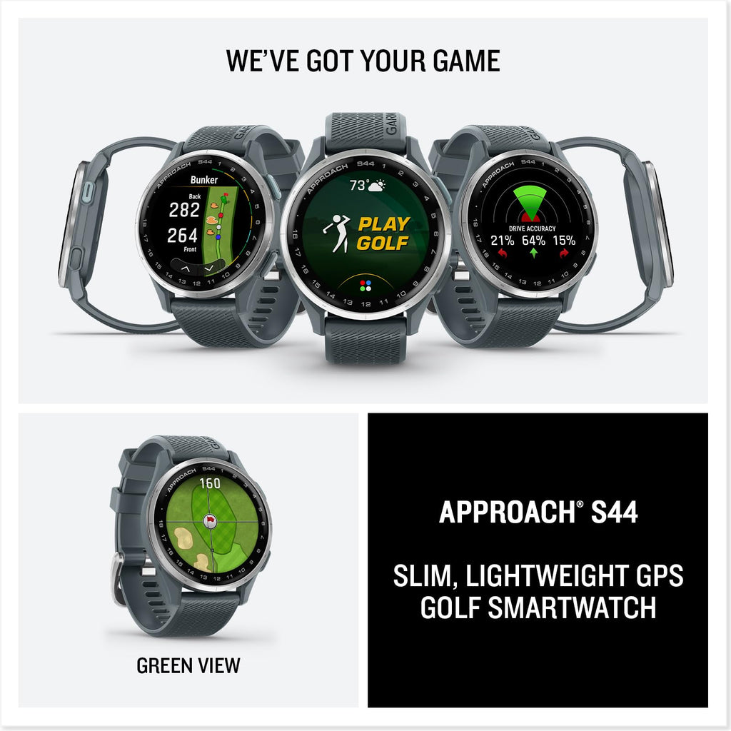 Garmin Approach® S44, Essential Golf GPS Smartwatch, AMOLED Display, On-Course Features, Silver Aluminum Bezel with Black Silicone Band