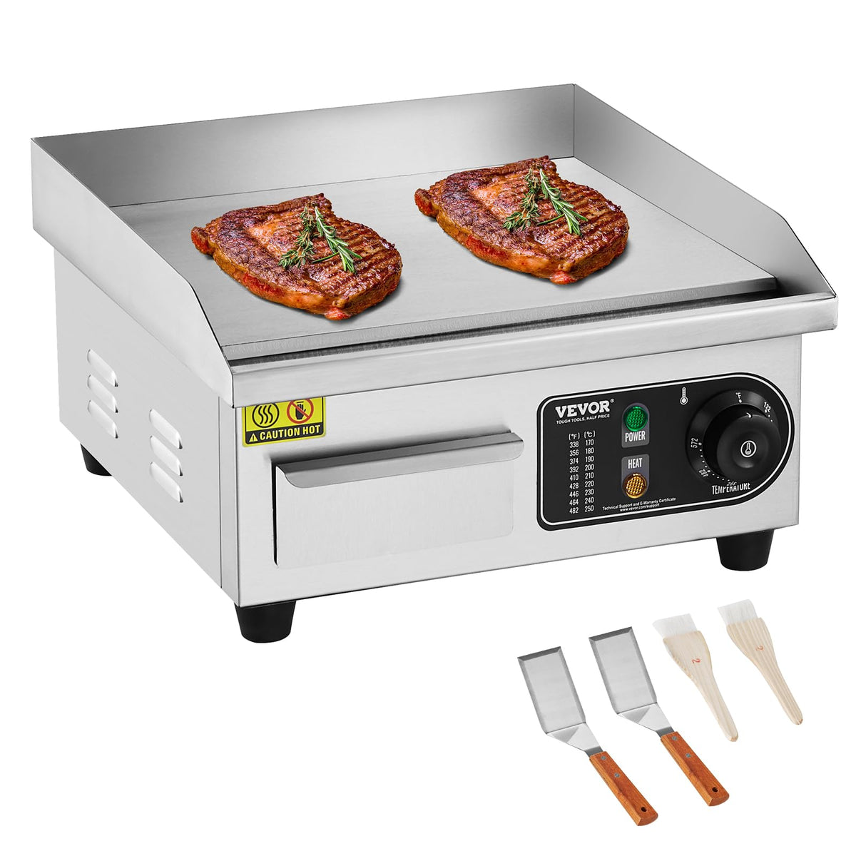VEVOR Upgraded Commercial Electric Griddle, 2800W Stainless Steel Countertop Flat Top Grill, 26'' Griddle Grill with 2 Shovels and 2 Brushes, 122H