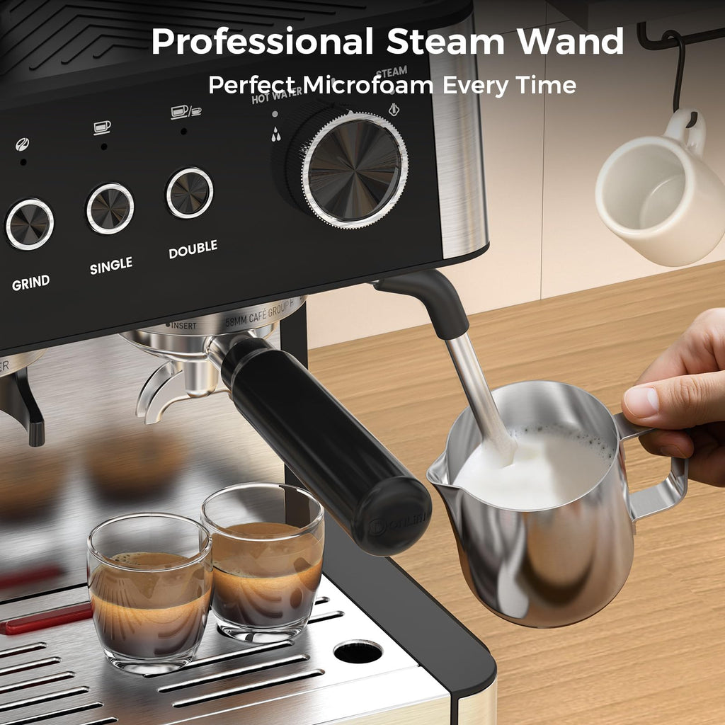 (2025 Upgrade)20 Bar Espresso Machine with Grinder & Milk Frother Steam Wand, Tamping Tools, Expresso Coffee Machines 58mm Commercial Espresso Maker