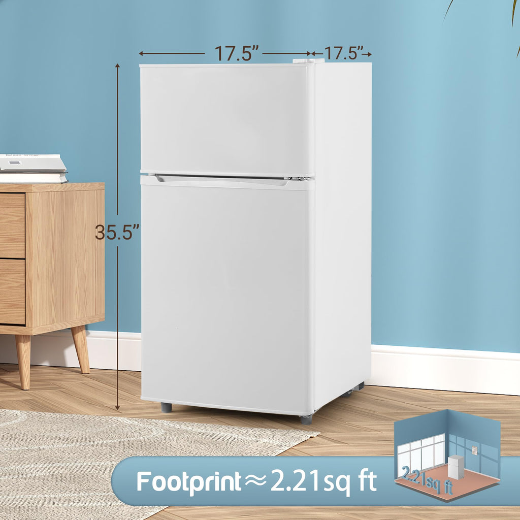 Double Door Refrigerator with Freezer, 3.5 Cu.Ft, Small Fridge with Freezer, 7 Settings Temperature Adjustable, Mini Refrigerator for Office Dorm