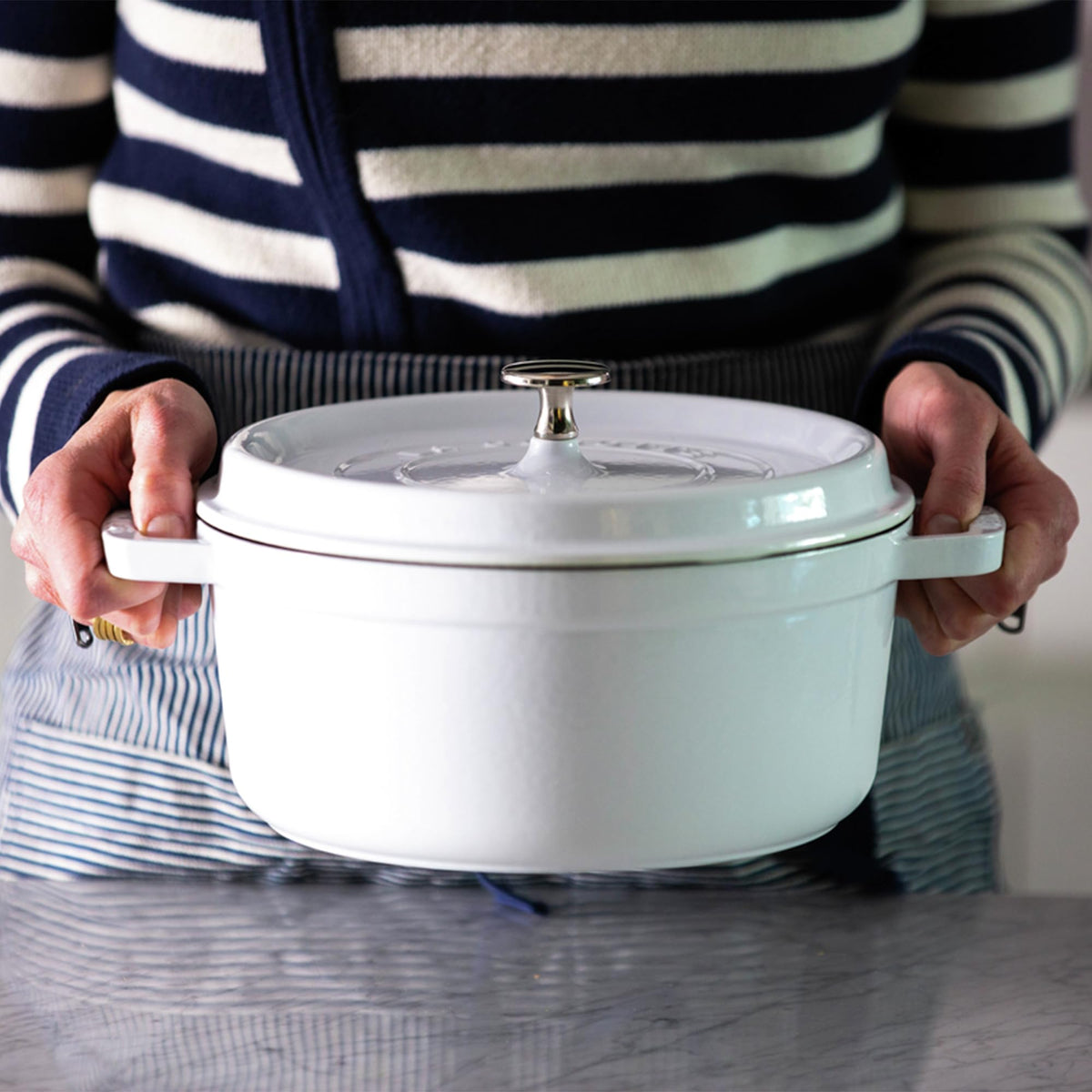 Staub Cast Iron 7-qt Round Cocotte - White Truffle, Made in France