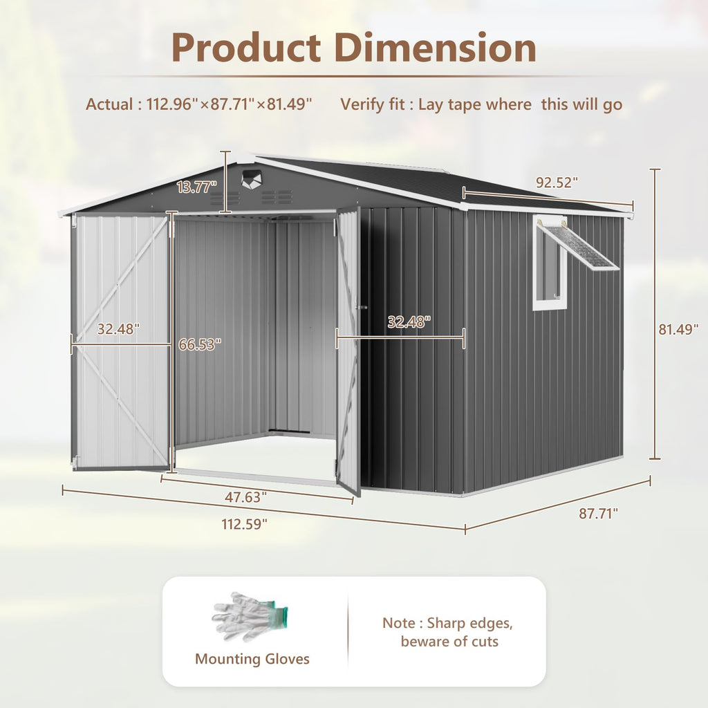 10x12 FT Outdoor Storage Shed, Metal Garden Shed - Tool Storage Sheds with Lockable Doors & 1 Clear Window, Waterproof Outside Storage Building for