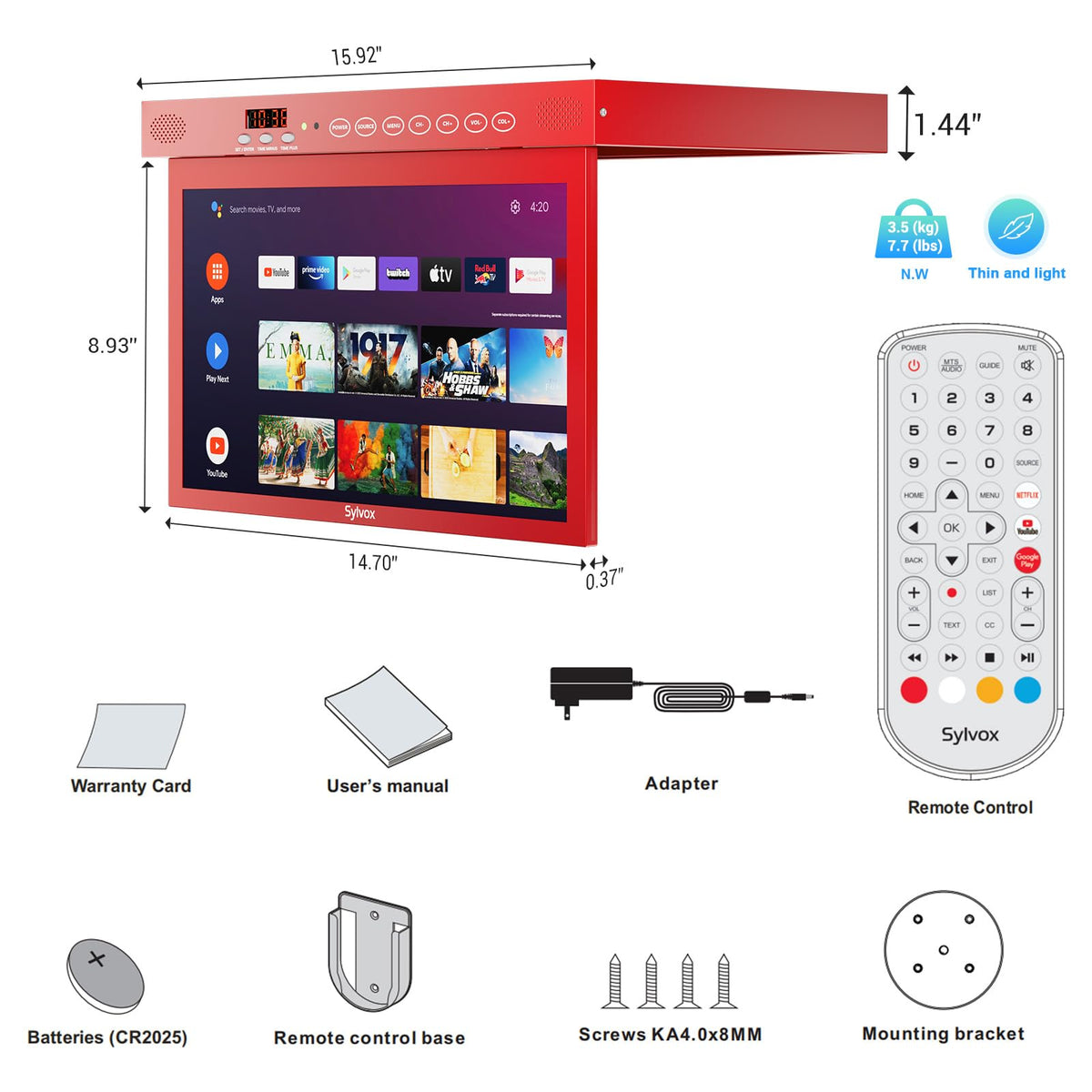 SYLVOX 15.6" Under Cabinet Smart TV C 360 Rotation, 90 Flip-Down Screen, Wireless Connectivity, Space-Saving Design for Kitchen, Bedroom, or RV.