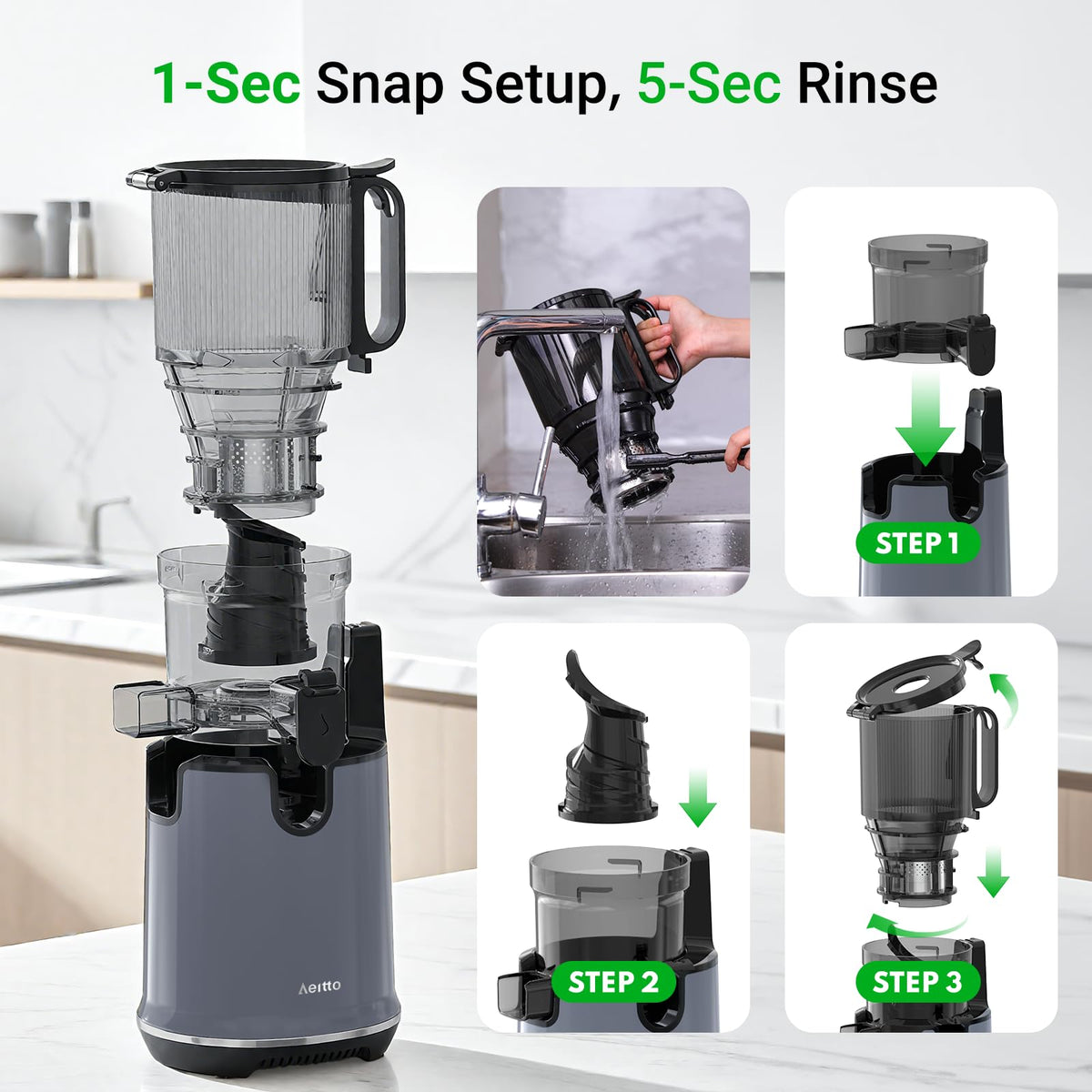 Juicer Machines, Aeitto Cold Press Juicer with Soft & Hard Modes, Quiet Motor, Reverse Function, Juice Extractor Vegetable and Fruit, Masticating