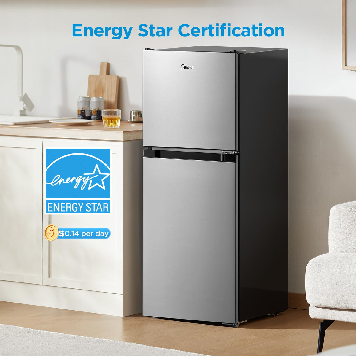 Midea WHD-113FB1 Double Door Mini Fridge with Freezer for Bedroom Office or Dorm with Adjustable Remove Glass Shelves Compact Refrigerator, 3.1 cu ft