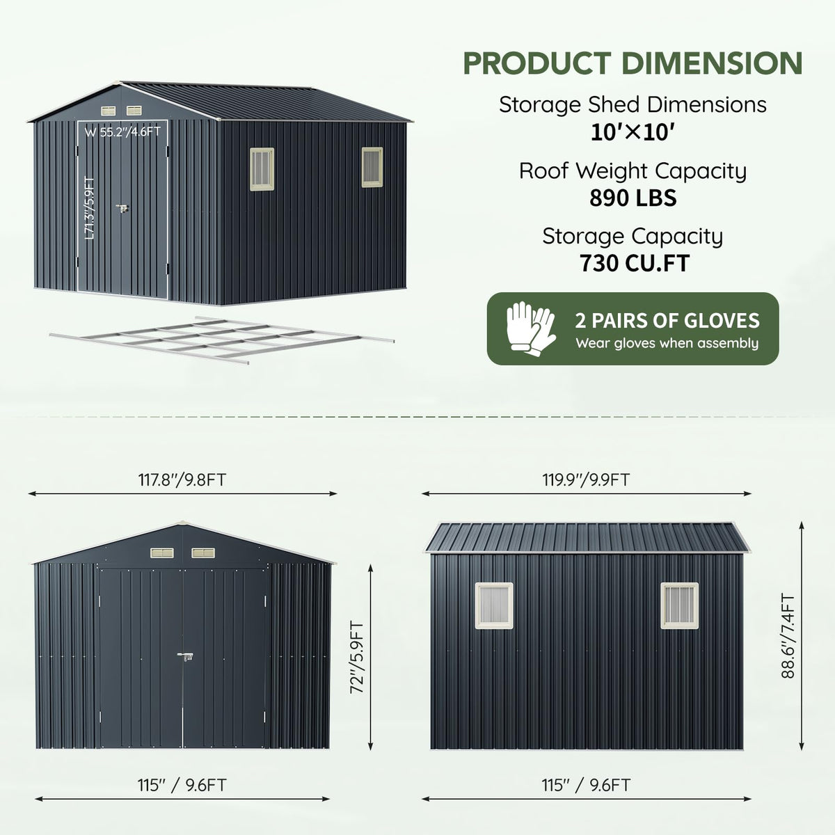 10x10 FT Outdoor Metal Storage Shed, Double Swing Doors, 2 Clear Windows,Tool Shed for Garden, Patio, Backyard Nightblue