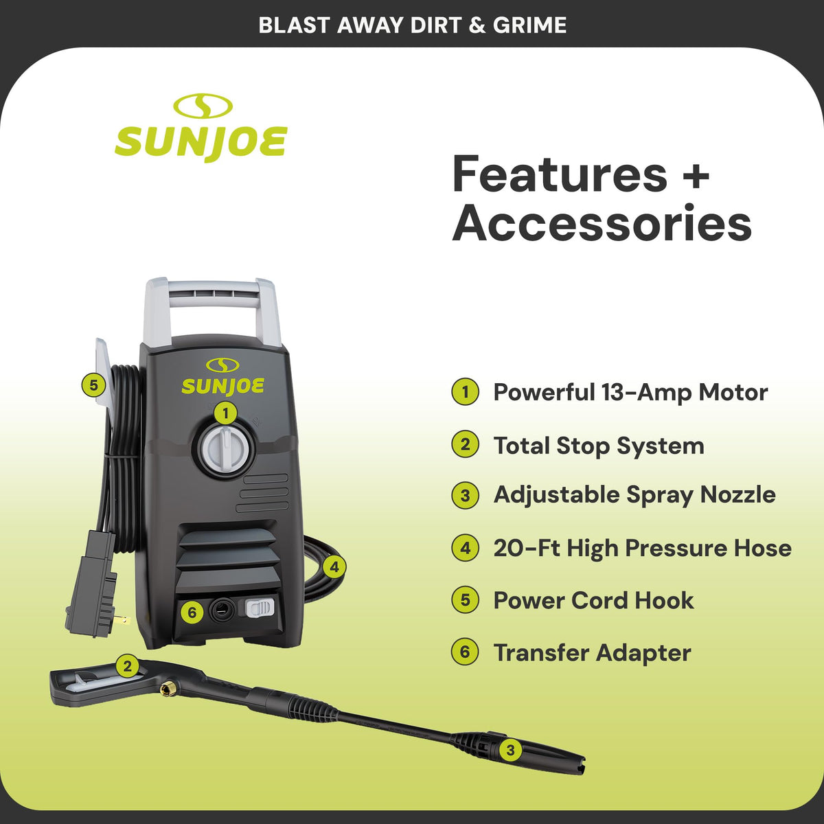 Sun Joe SPX3000-XT1 XTREAM 2,500 PSI Pressure Washer with 14.9A Motor, Includes 4 Quick-Connect Nozzles, High-Pressure Hose, Garden Hose Adapter, and