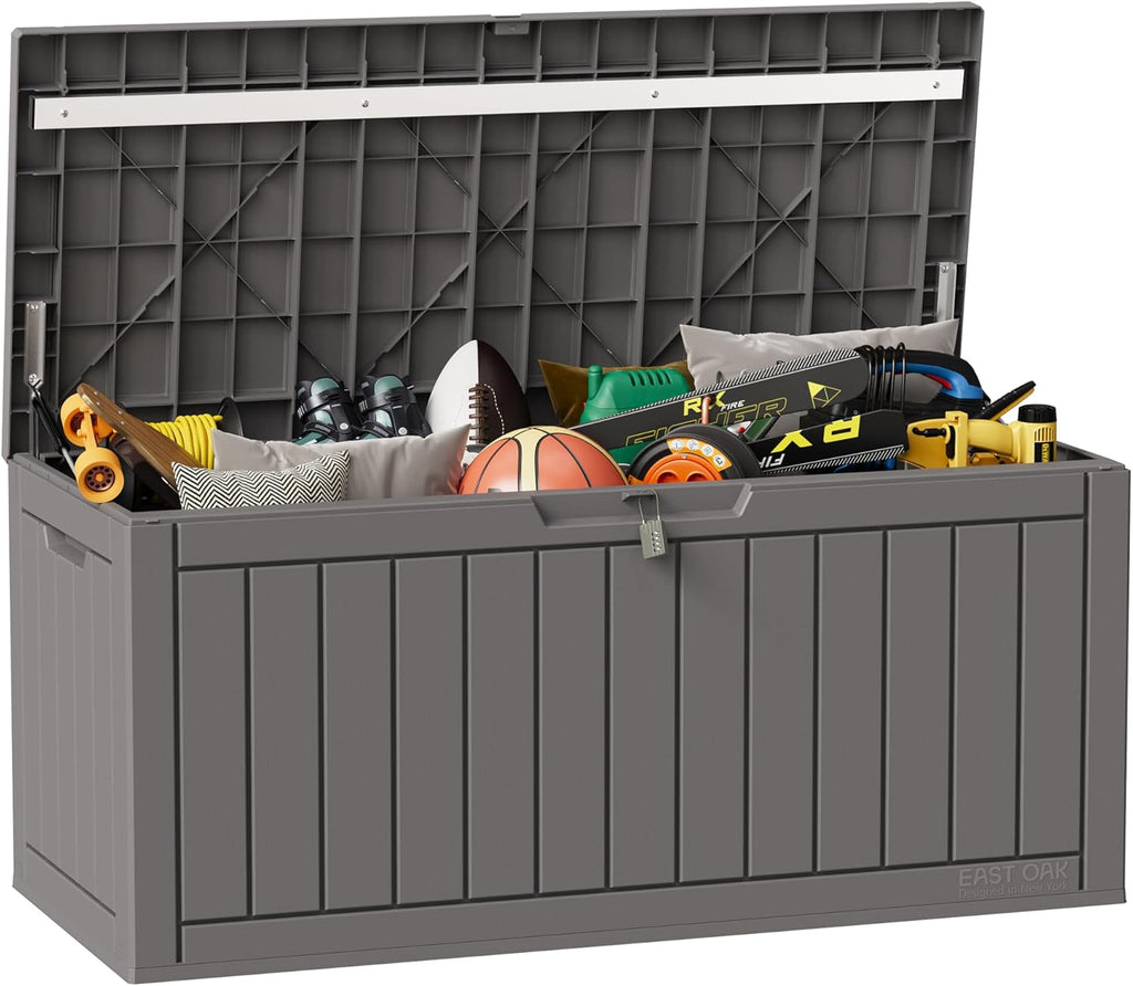 EAST OAK Outdoor Storage Box, 120 Gallon Deck Box with Stainless Steel Rods Large Resin Storage Bin for Patio Cushions, Garden Tools, Waterproof and