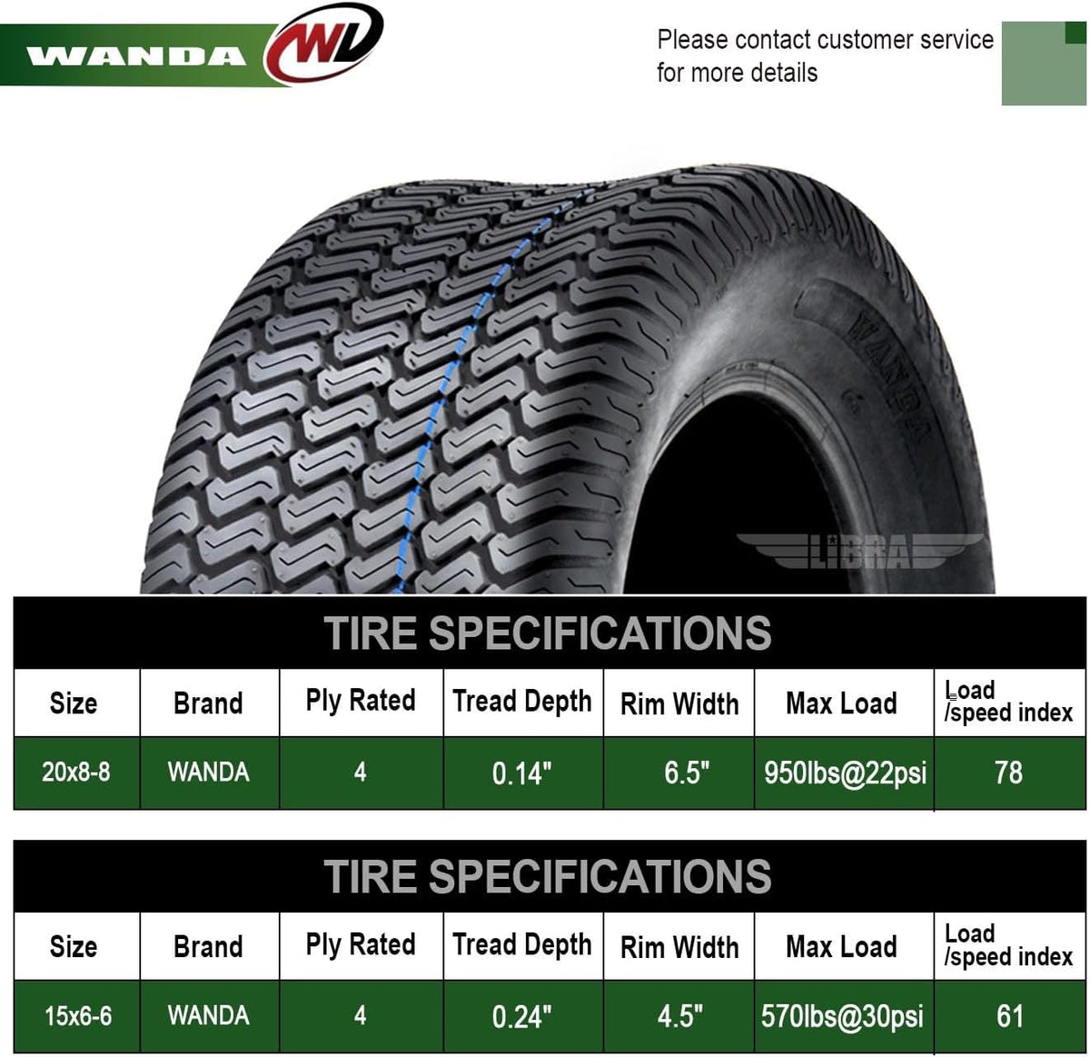 WANDA Set 4 15X6-6 & 20X8-8 Lawn Mower Tractor Turf Tires 4PR-13016/13035